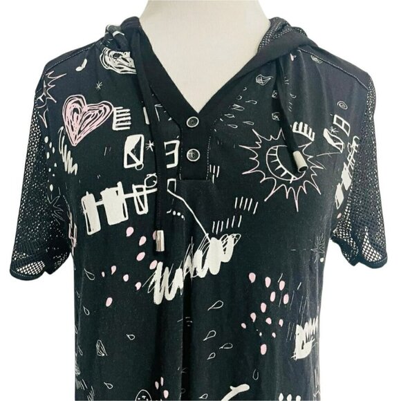 Dolcezza Size Large Top Blouse Short Sleeve Simply Art Hoodie Mesh Sleeves - Picture 2 of 7
